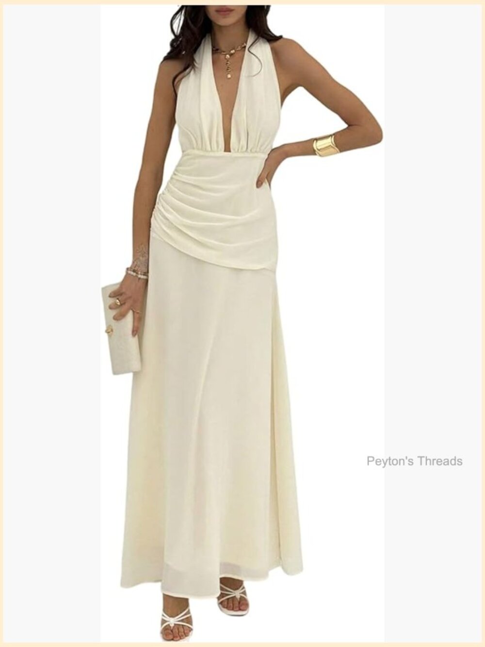 Sleeveless Backless Maxi Chiffon Dress Deep V Neck Ruched Summer Beach Wedding